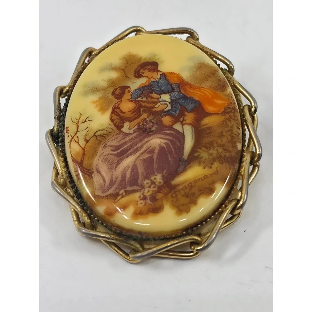 Vintage Fragonard Limoges Style & Russian Mstera Troika Lacquer Brooch Pin Lot 2